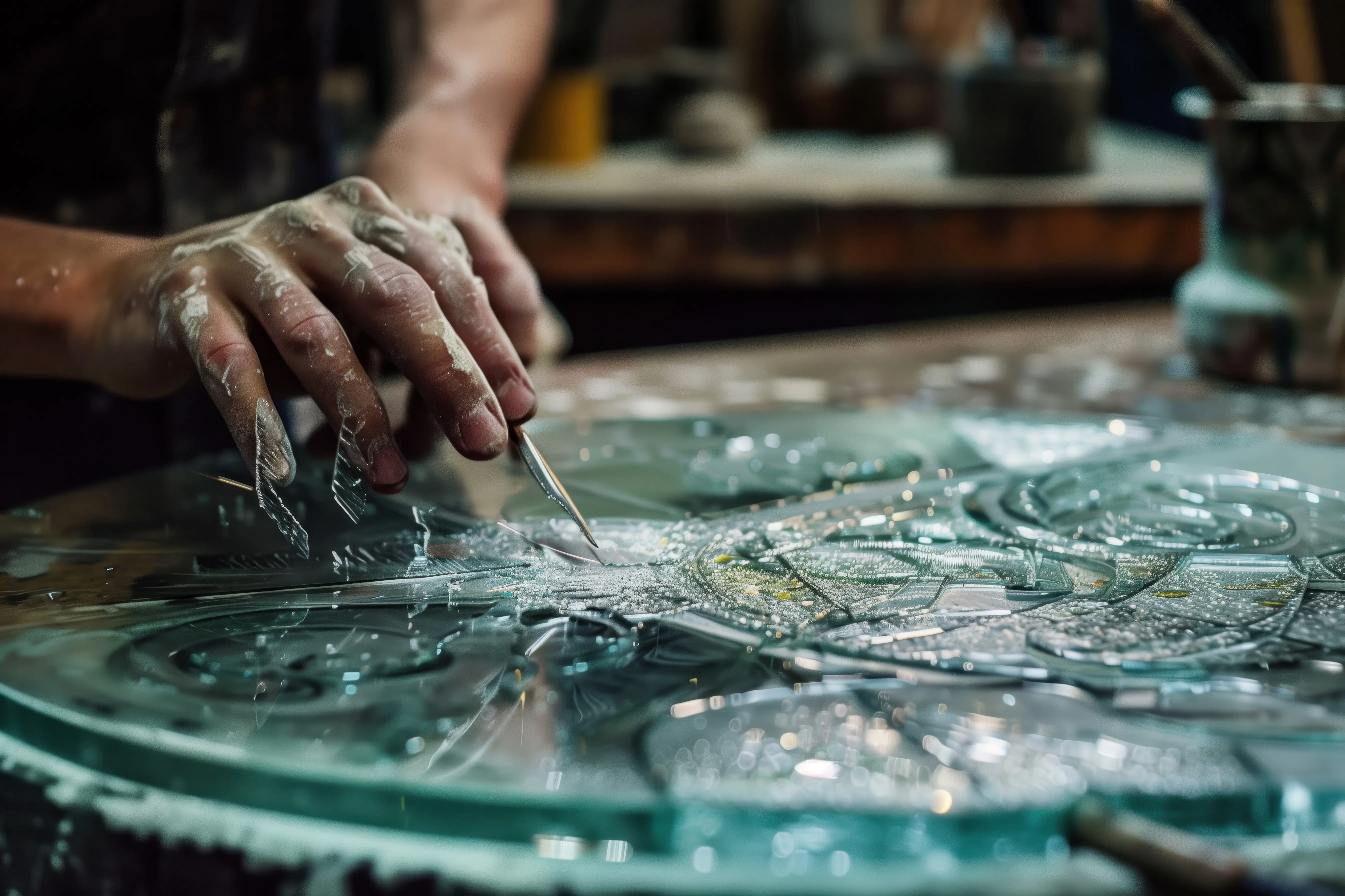 Ein Arbeiter ist mit der Glasverarbeitung beschäftigt.
