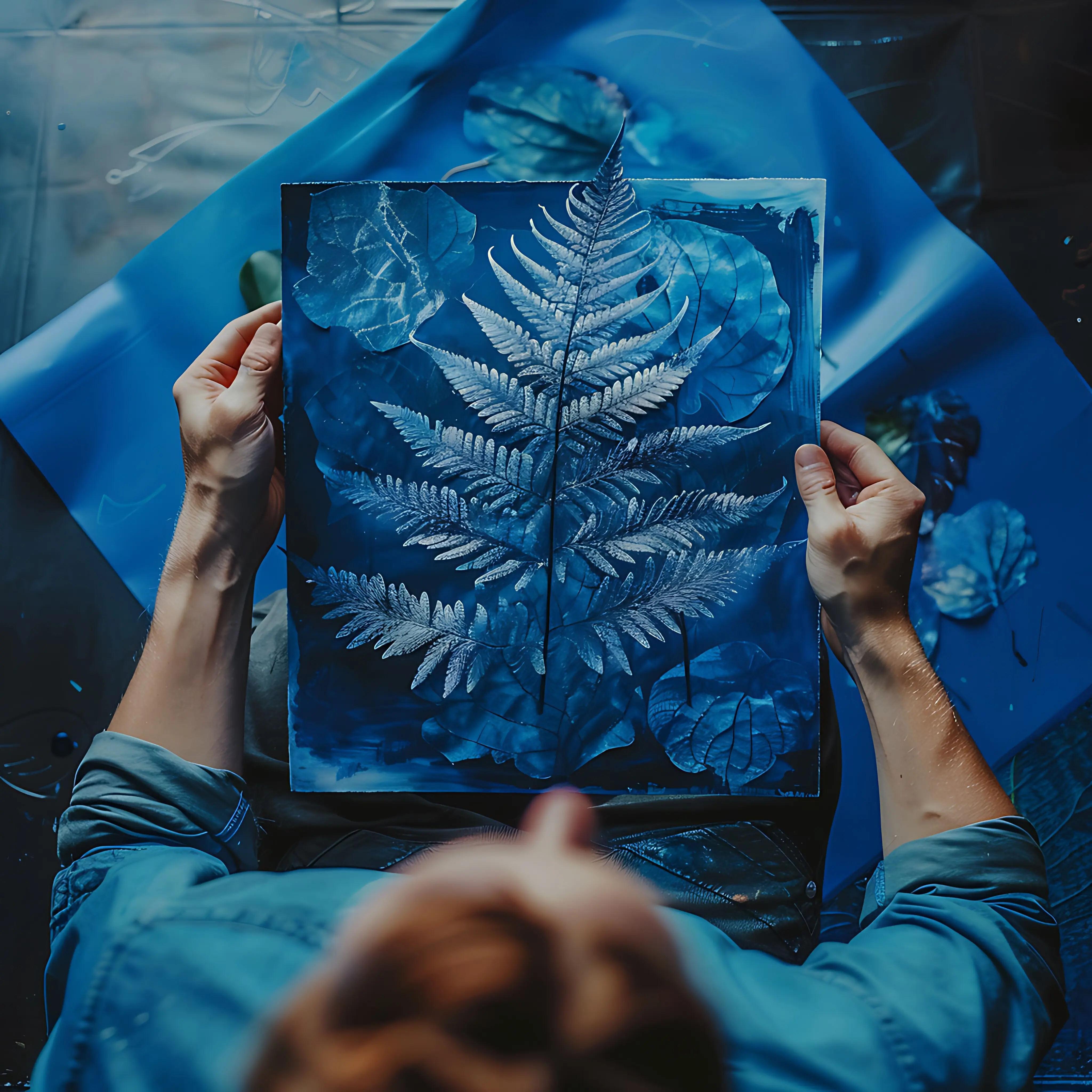 Jemand hält ein Bild eines Farnblatts in den Händen.
